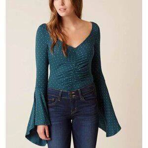 Free People Size L NEW Dark Green Polka Dot Bell Sleeve V-Neck Ruched Front Top